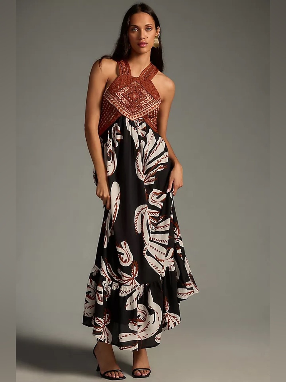 Anthropologie Deco Printed Halter Dress Size 8 Black Brown